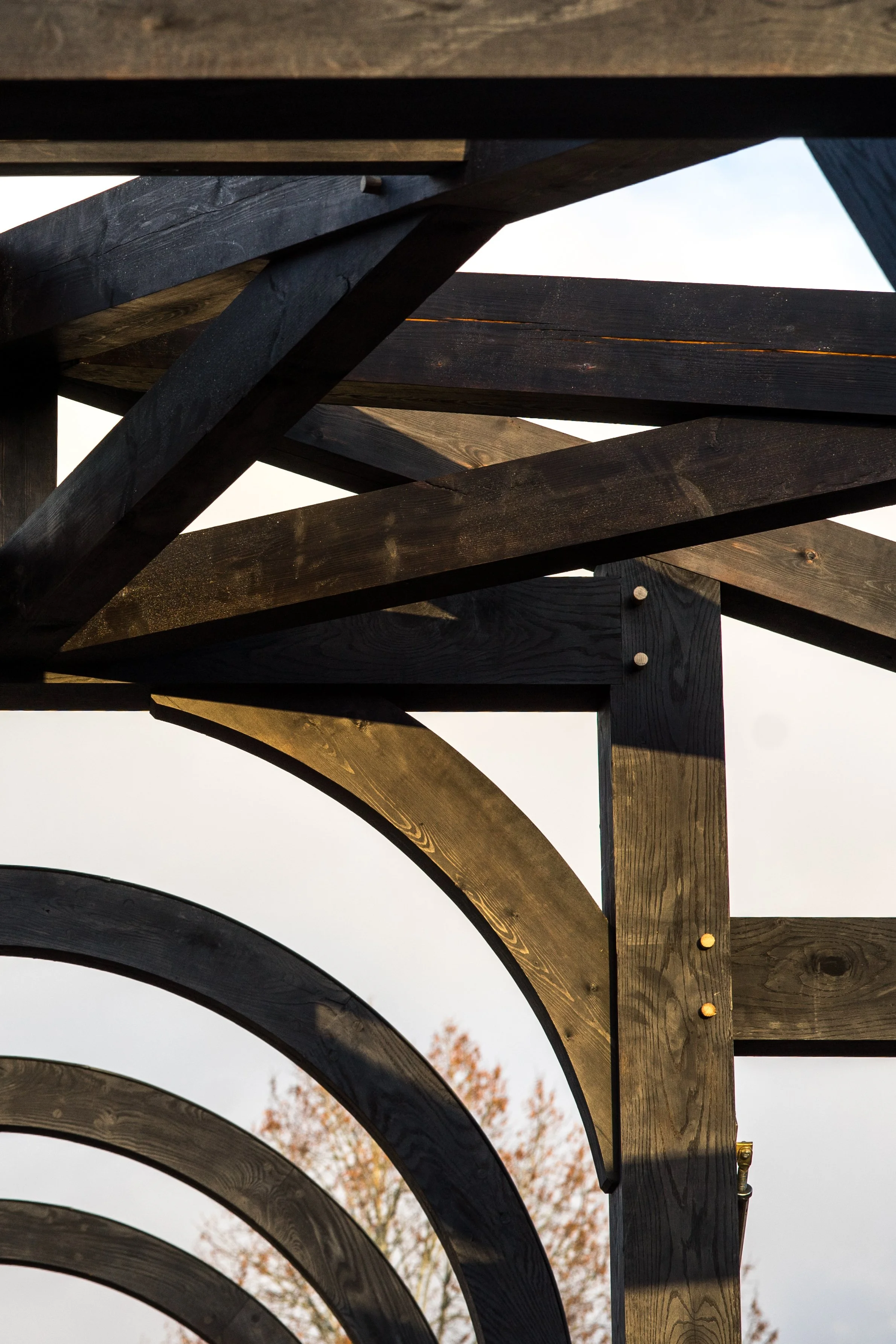 Close-up of a wooden outdoor structure with curved arching beams and a corner joint, with trees and sky in the background.