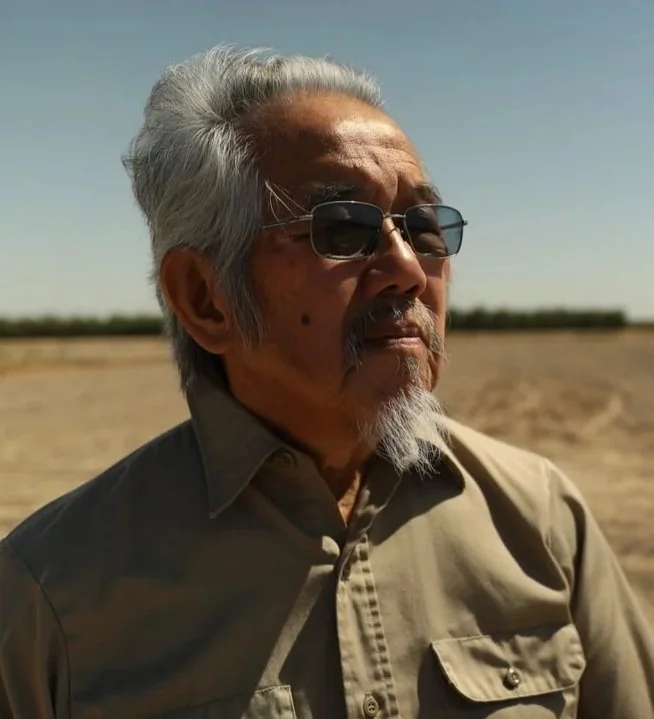 An elderly man with gray hair and a beard, wearing sunglasses and a beige shirt, standing outdoors in a sunny landscape.