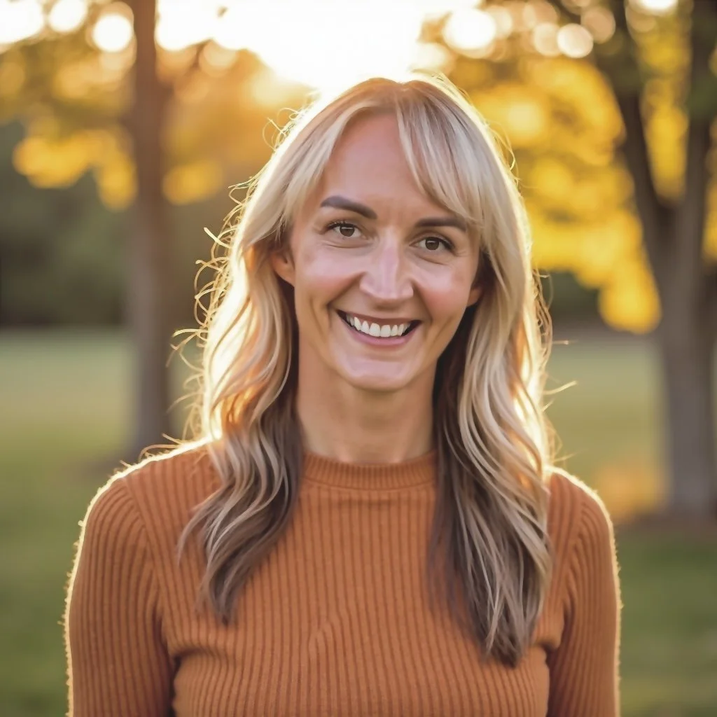 A smiling woman with long blonde hair wearing an orange sweater outdoors during sunset in a park.