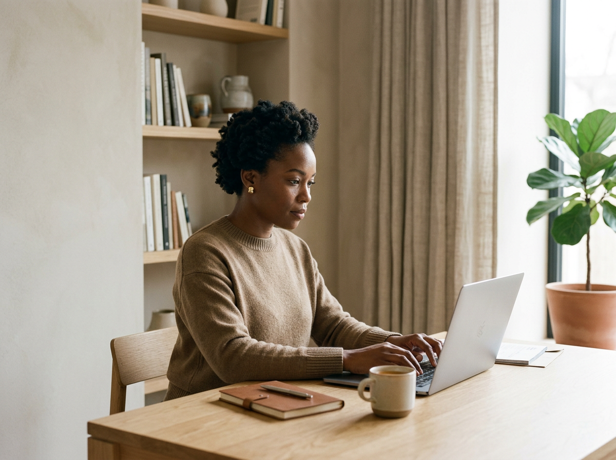 A woman with dark curly hair working on a laptop at a wooden table in a cozy room with bookshelves, a large potted plant, and beige curtains.