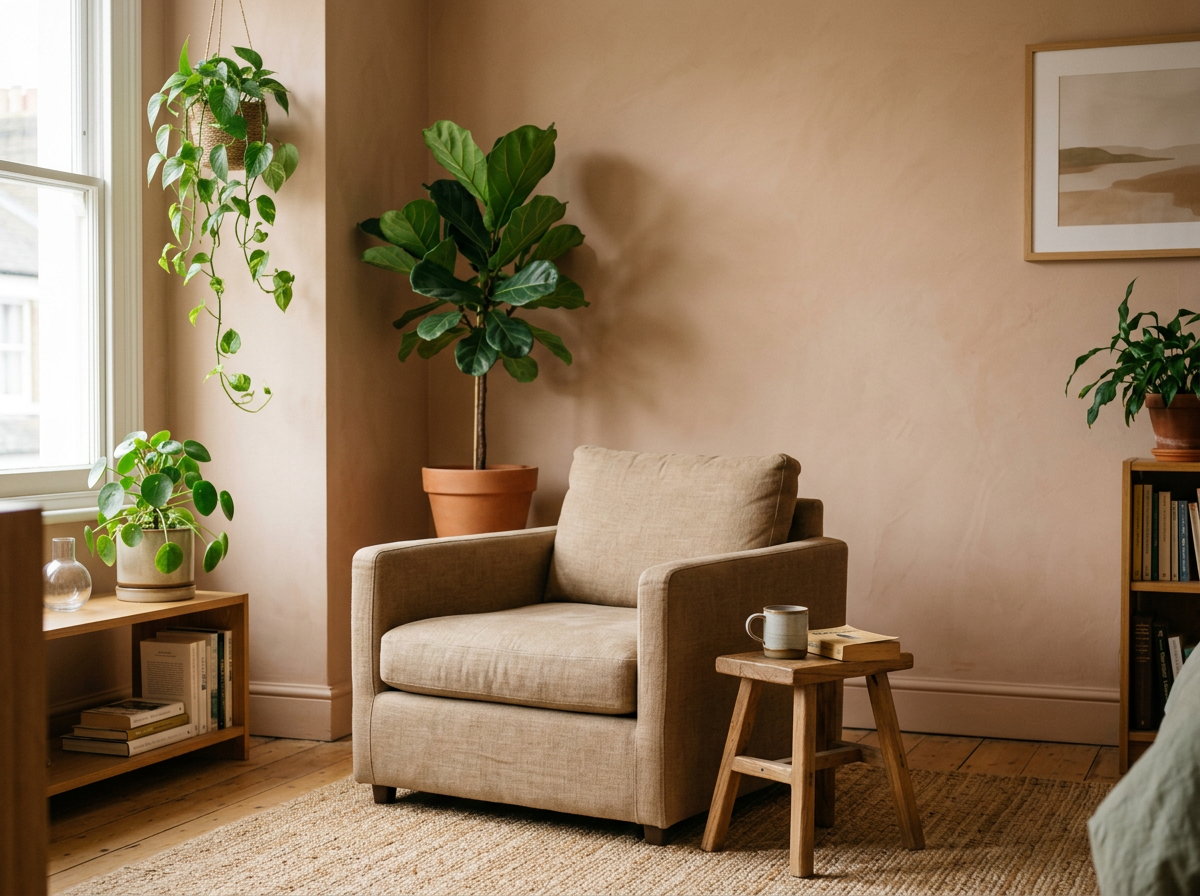 Cozy corner of a living room with a beige armchair, a small wooden side table with a mug and books, two potted plants, a bookshelf, and artwork on pastel-colored walls