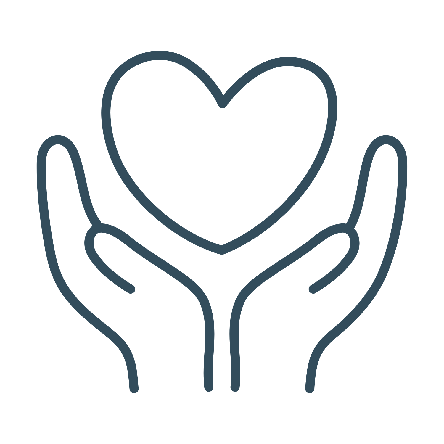 Outline drawing of two hands cupping a heart.