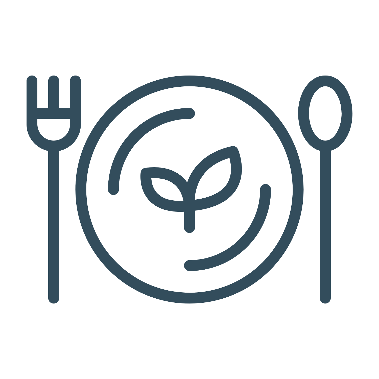 Outline of a plate with a leaf symbol in the center, flanked by a fork on the left and a spoon on the right, representing eco-friendly or plant-based cuisine.