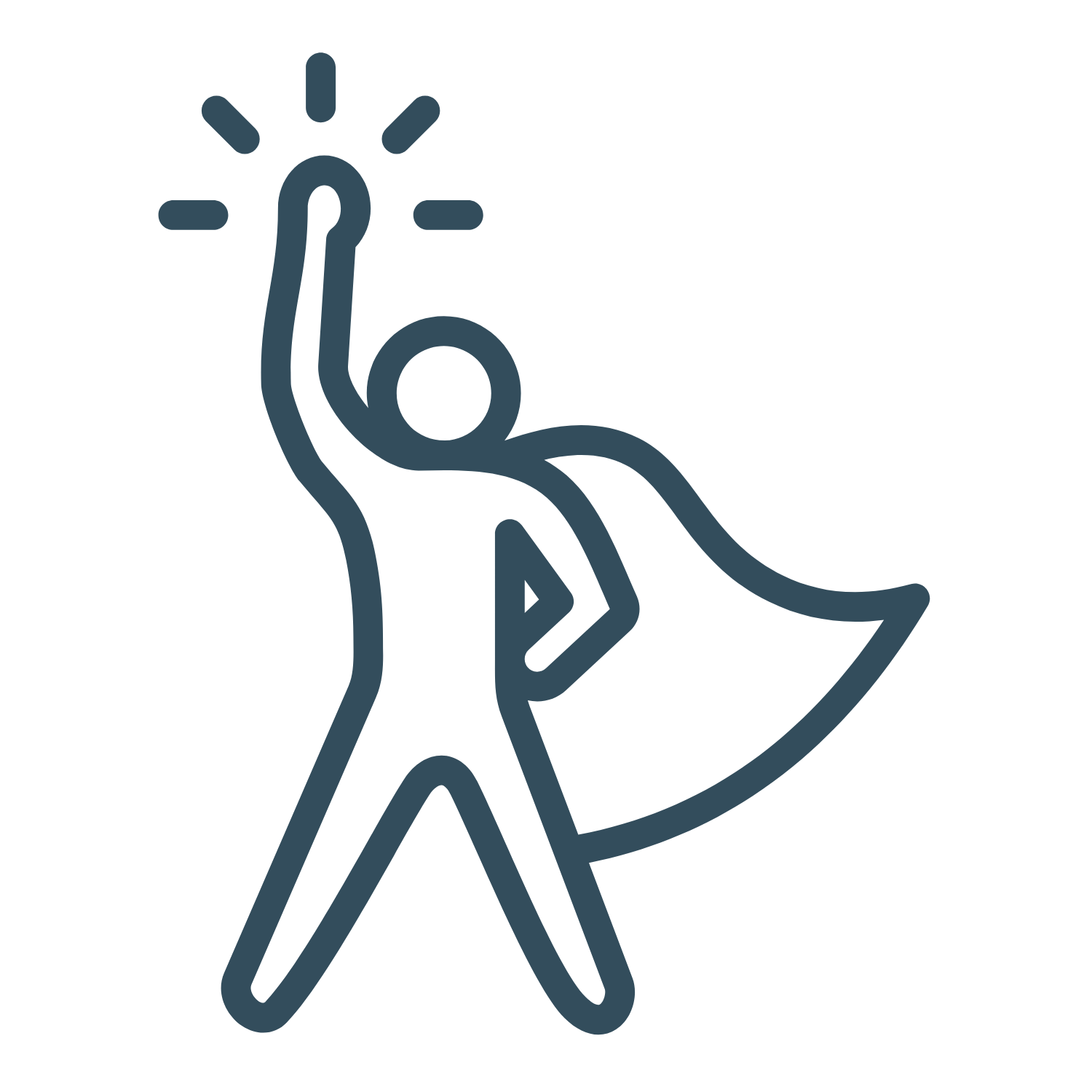 Line drawing of a person with one hand on their hip and the other arm raised with a shining light bulb above the hand, wearing a cape.