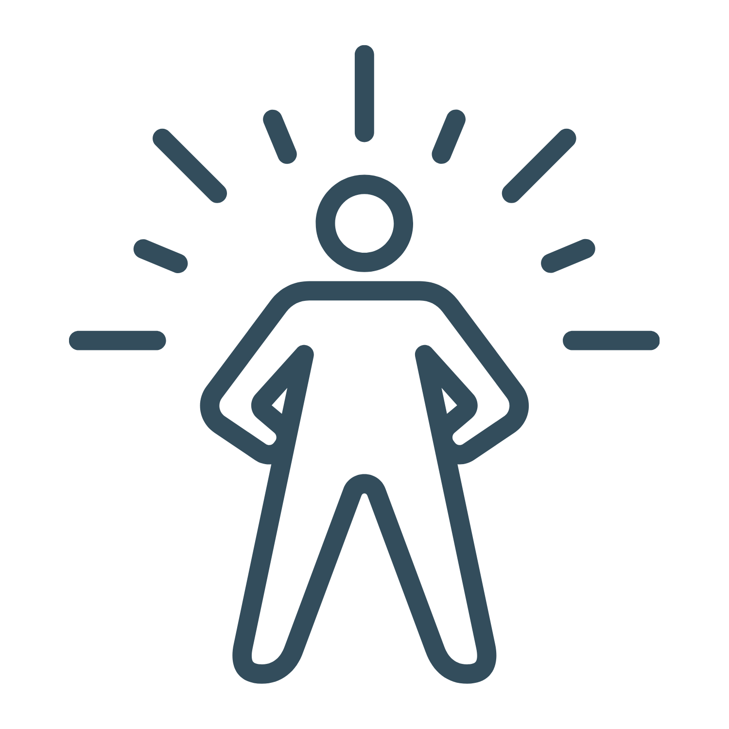 Line drawing of a person with hands on hips, surrounded by lines indicating radiance or energy.