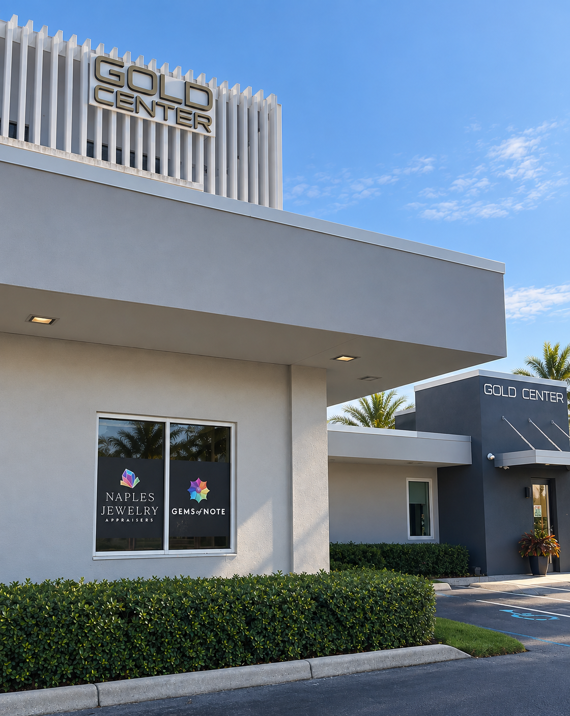 Exterior of a shopping center with signage for Naples Jewelry Appraisers and Gems of Note, and a sign for Gold Center, with a parking lot, bushes, and palm trees, under a blue sky.