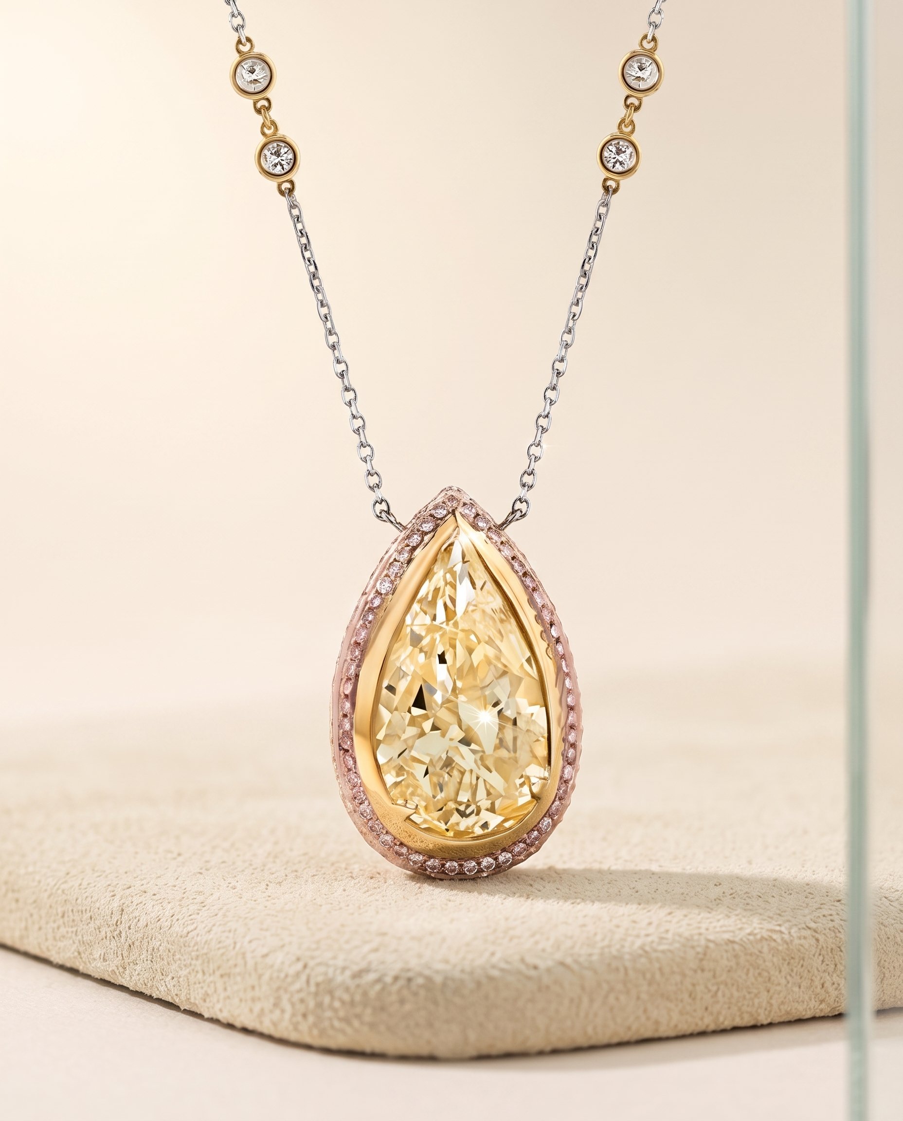 A gold and silver necklace with a large teardrop-shaped yellow gemstone surrounded by small diamonds, hanging on a beige display stand.