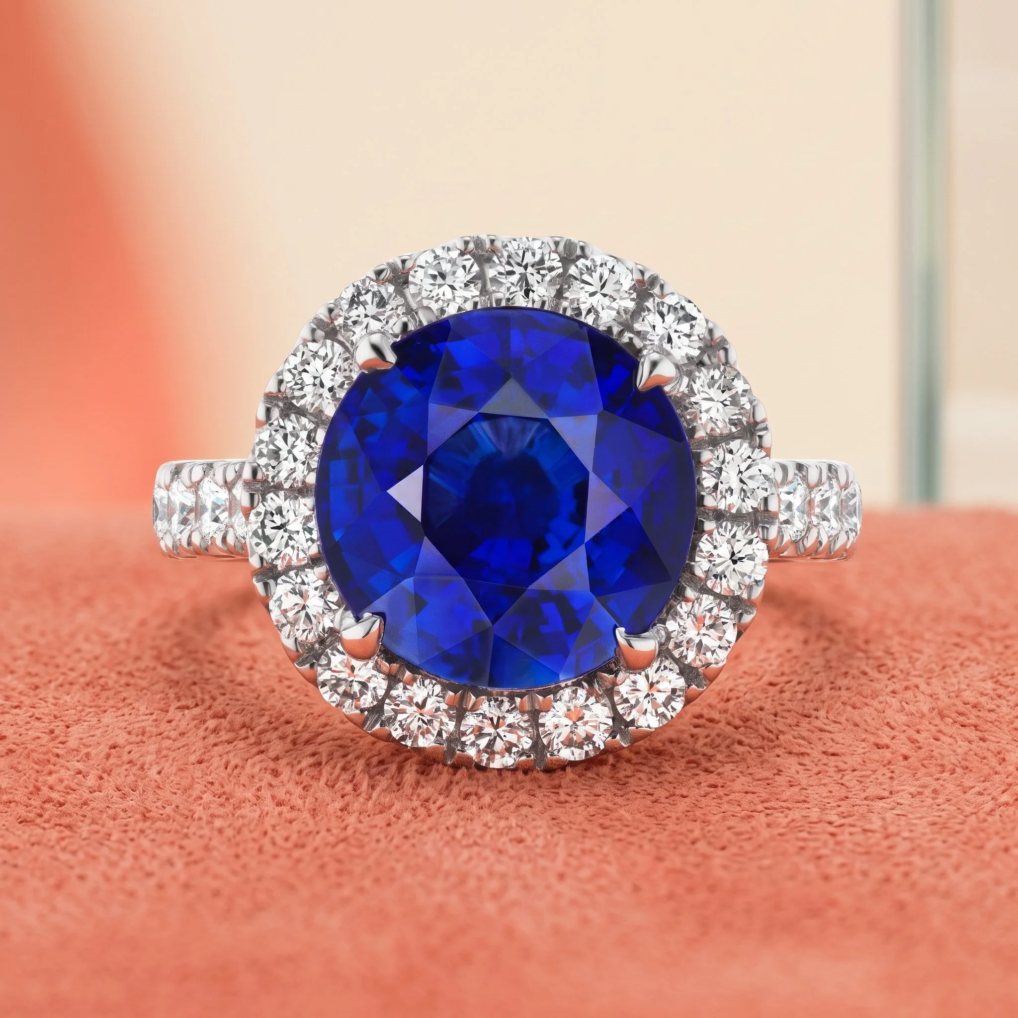 A large blue gemstone surrounded by smaller clear diamonds, set on a reflective surface with a soft, gradient background.