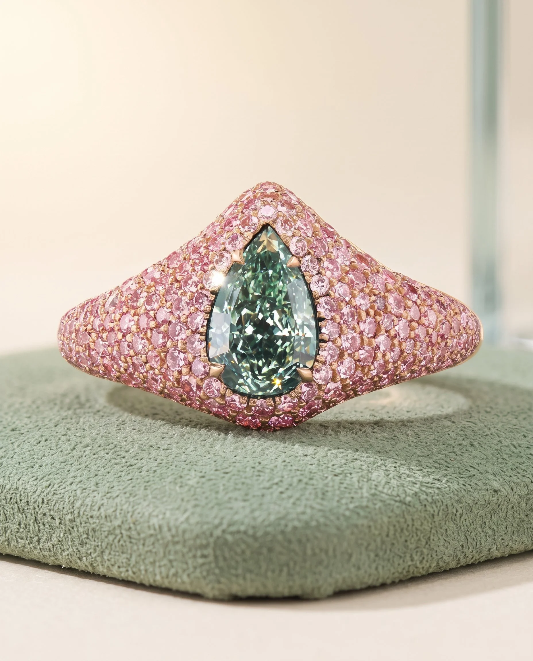 Close-up of a large teal gemstone ring set in a pink diamond-studded band, resting on a light green felt surface.