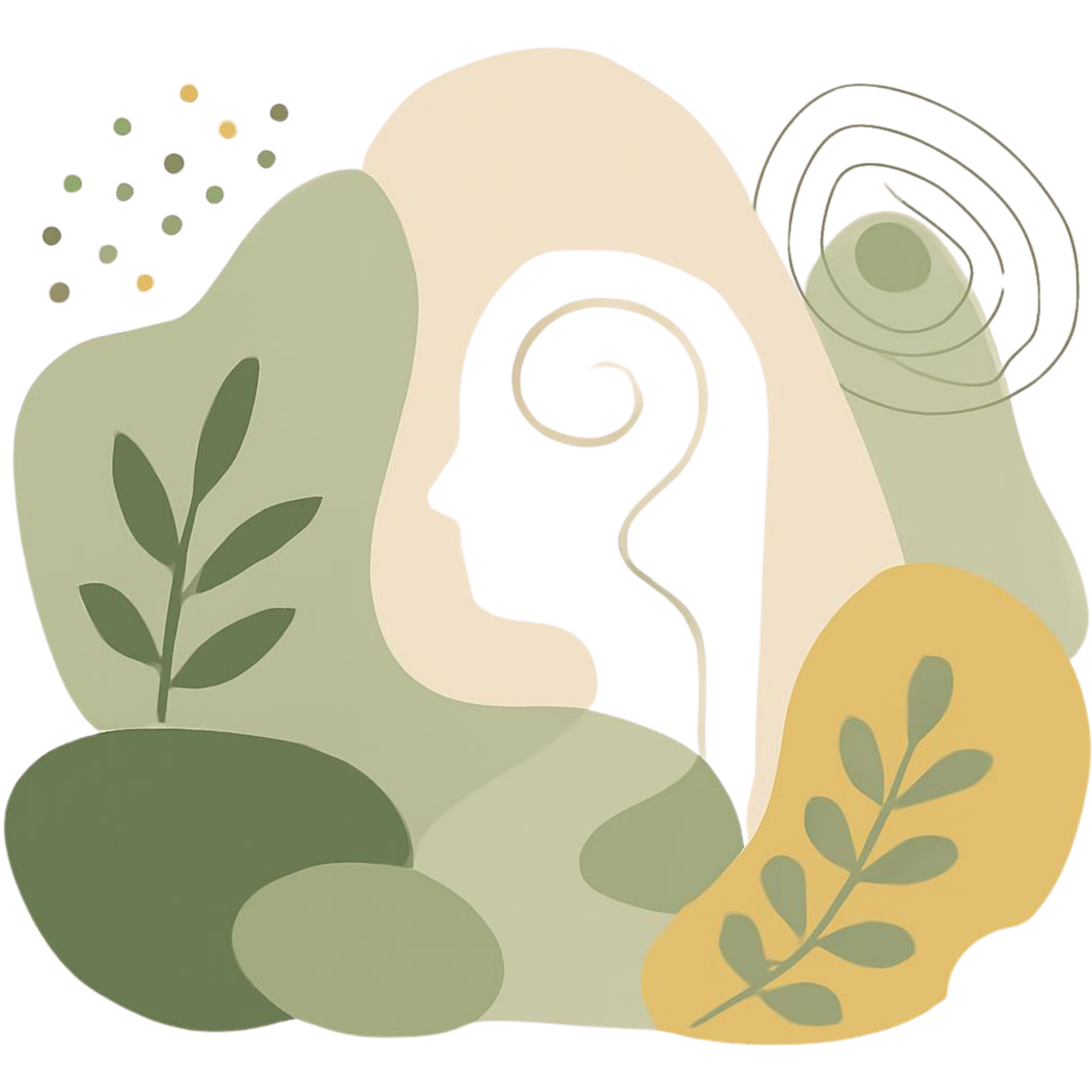 Abstract illustration of various overlapping shapes in earthy tones, with some leaf-like designs on the left and right sides.