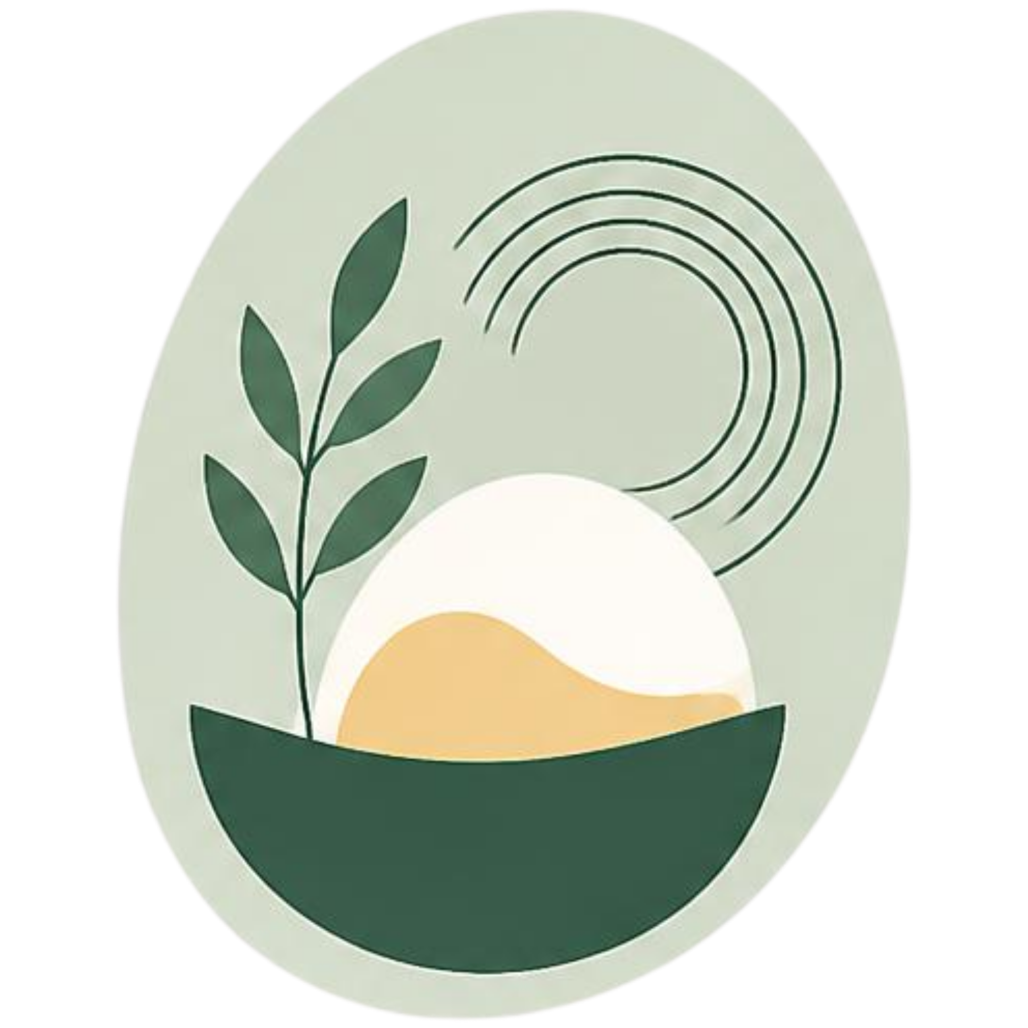 A graphic design featuring a rainbow, a sprig of green leaves, a yellow semicircle, and a darker green semi-circle set against a light background with circular lines.