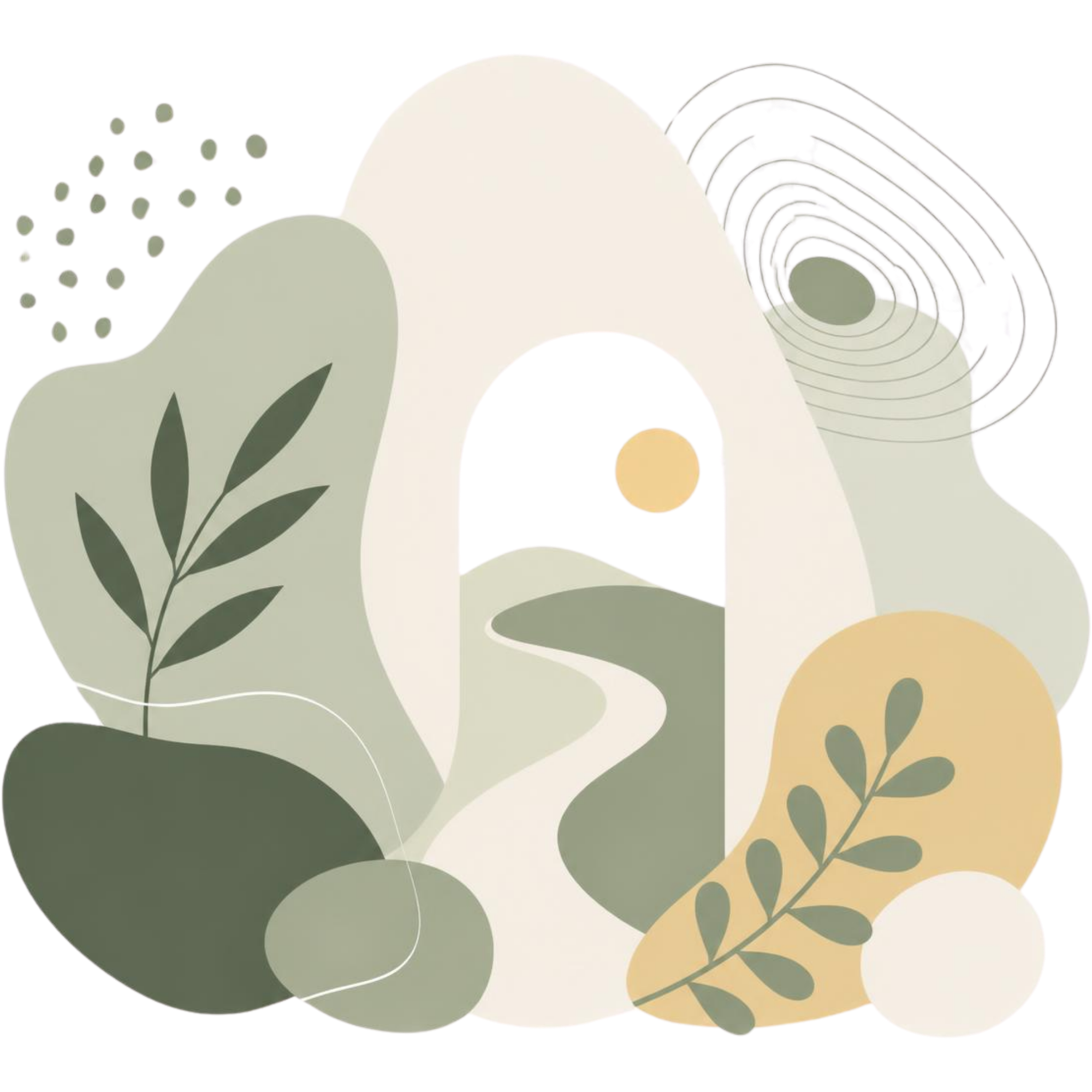 Abstract nature-inspired background with soft, muted green, beige, and black colors, featuring organic shapes, lines, and foliage patterns.