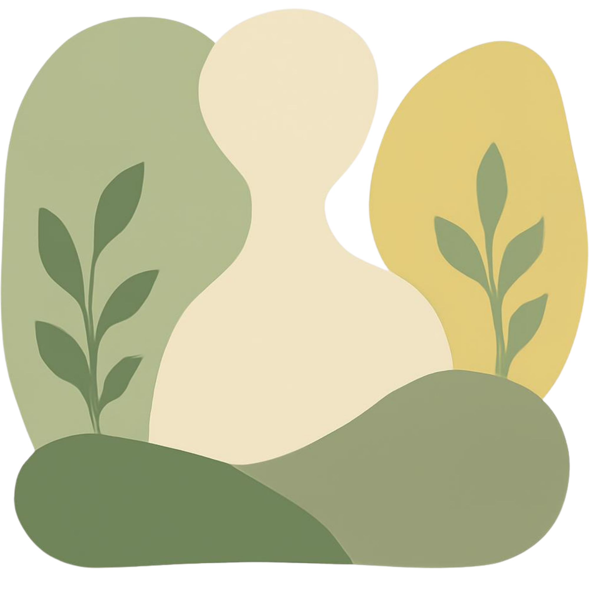 An abstract illustration featuring stylized plant shapes in shades of green, yellow, and beige with simple leaf motifs.
