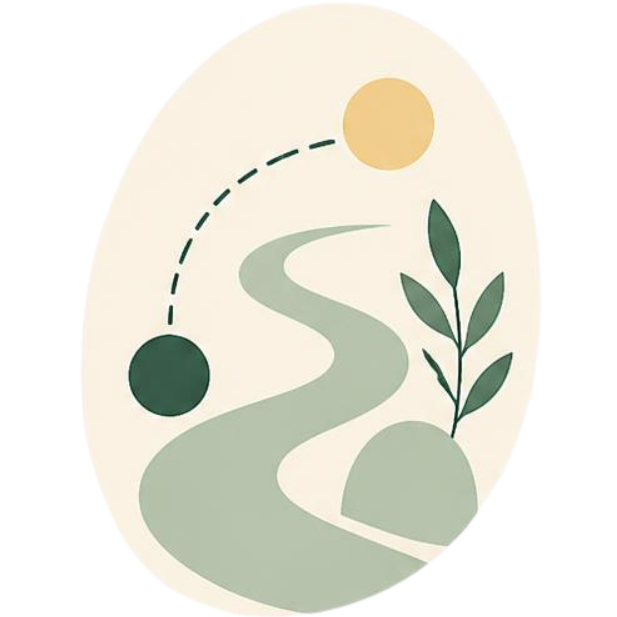 Minimalist illustration with a winding path, a large yellow sun, green foliage, and abstract shapes on a cream-colored background.