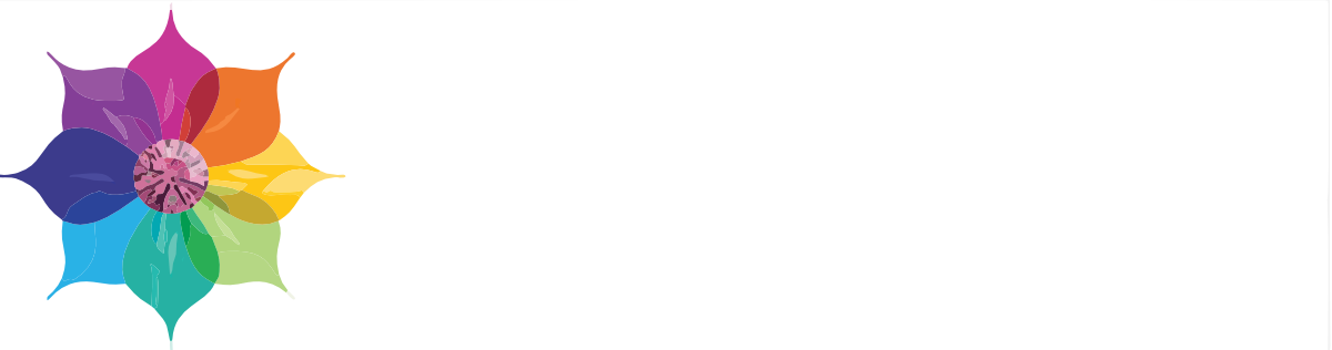 Colorful banner with a rainbow flower design on the left and the text 'LGBTQ+ Pride Month' in bold white letters.