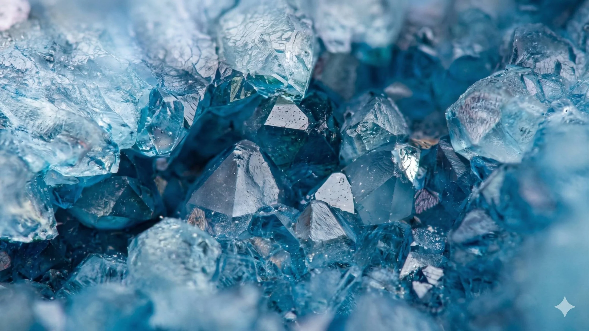 Close-up of crushed blue glass shards with reflective surfaces and various textures.