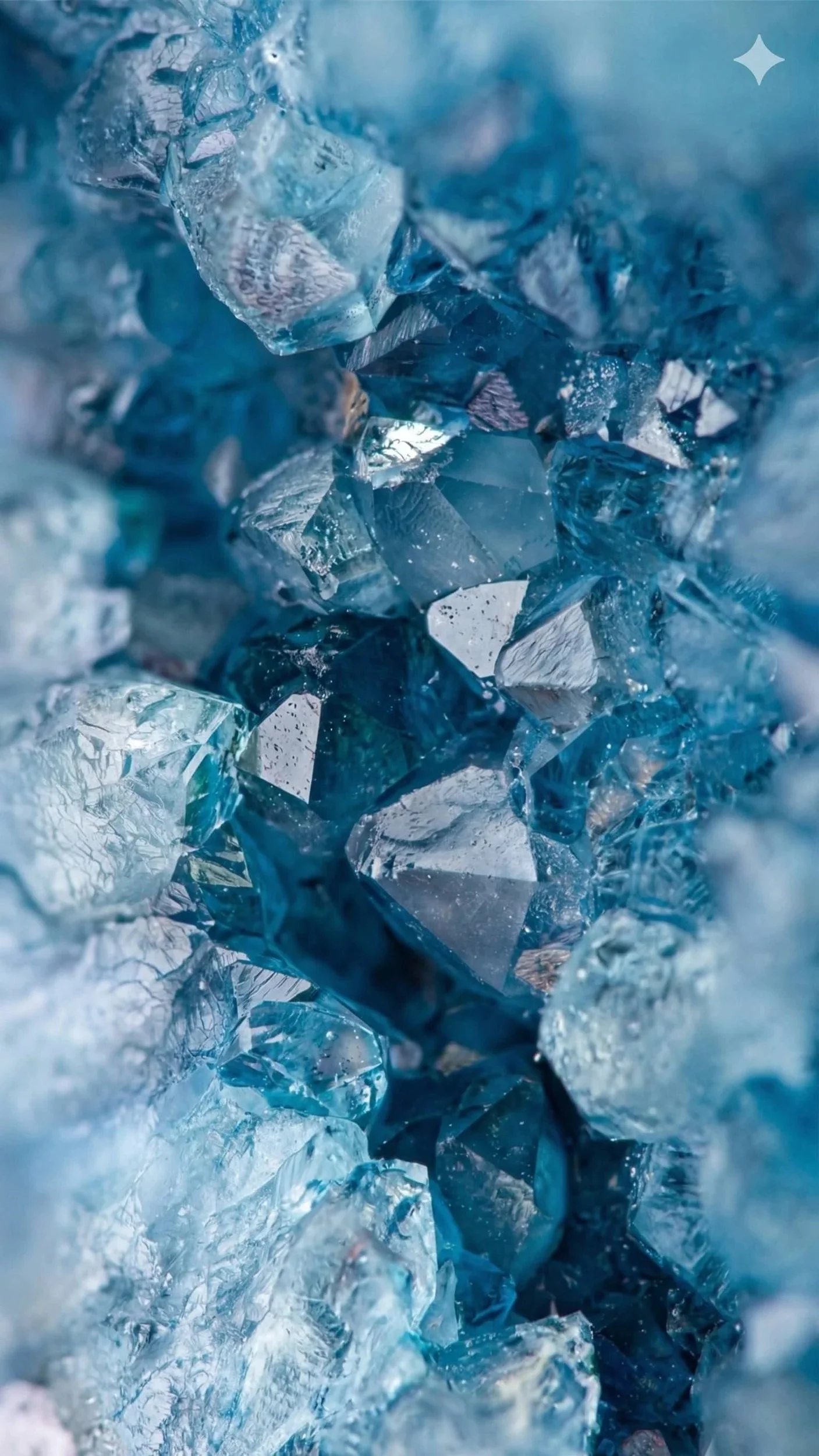 Close-up of blue ice crystals with jagged edges and reflections.