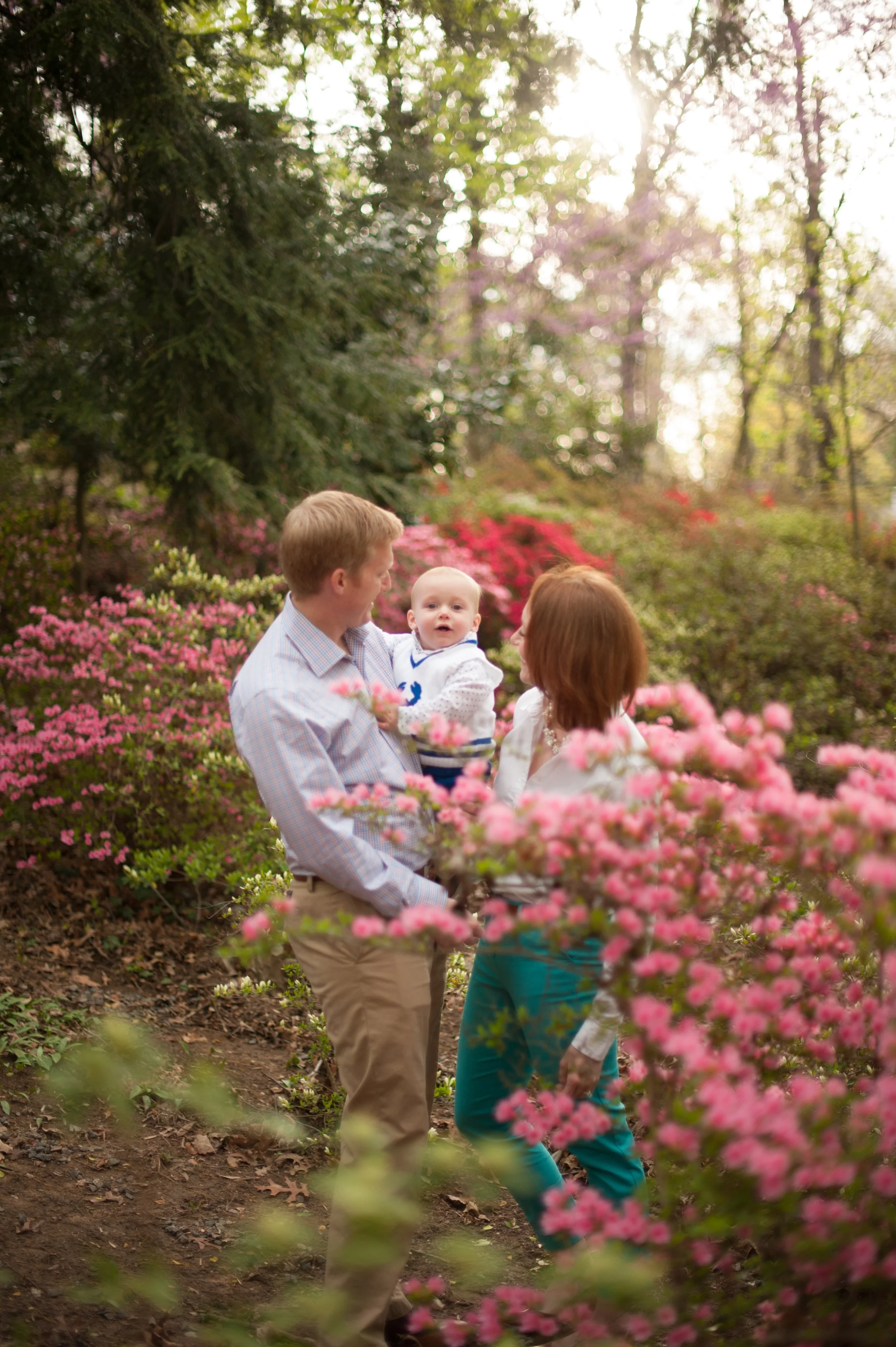 A family of three with a father, mother, and child standing among pink blooming bushes in a park during spring, with sunlight filtering through trees in the background.