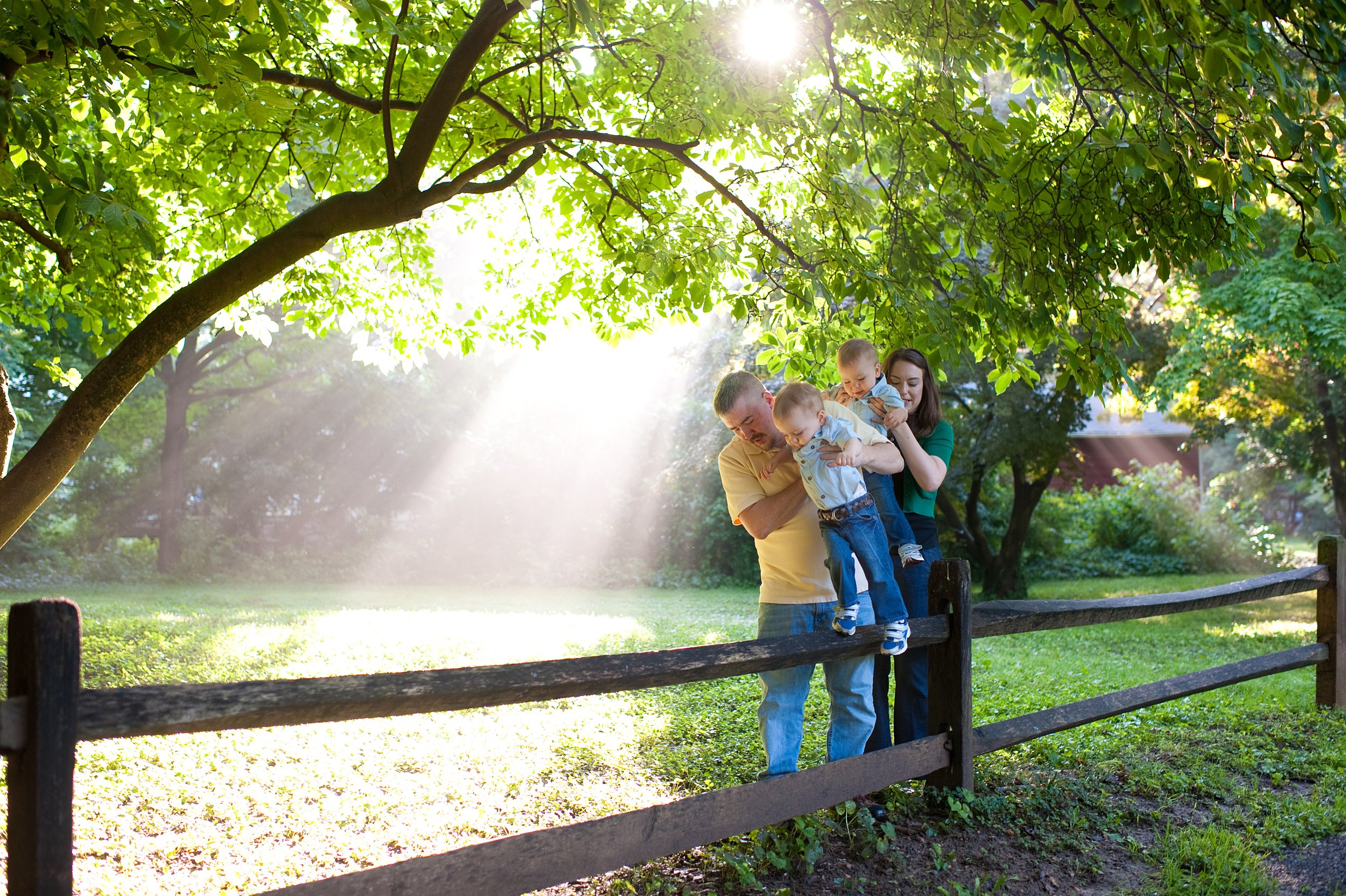 A family of four, two adults and two young children, standing outdoors in a park with lush green trees and sunlight filtering through leaves. The family is leaning over a wooden fence, with the father and daughter and son and mother smiling and enjoy