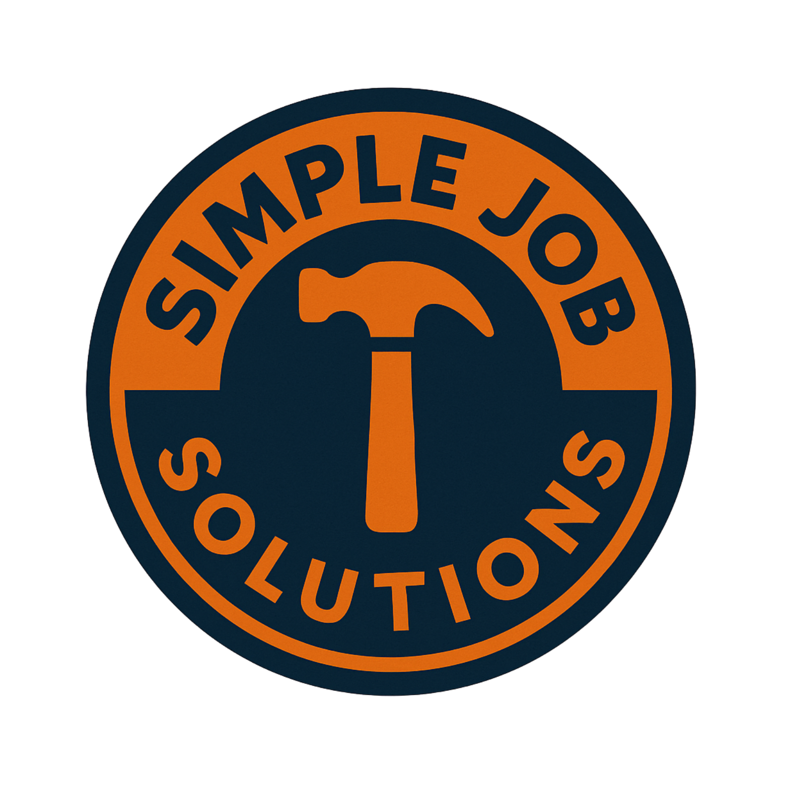 A circular orange and black logo with the text 'Simple Job Solutions.' The logo features a hammer in the center.