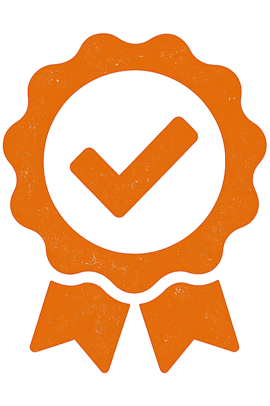 Orange award ribbon with a checkmark in the center.