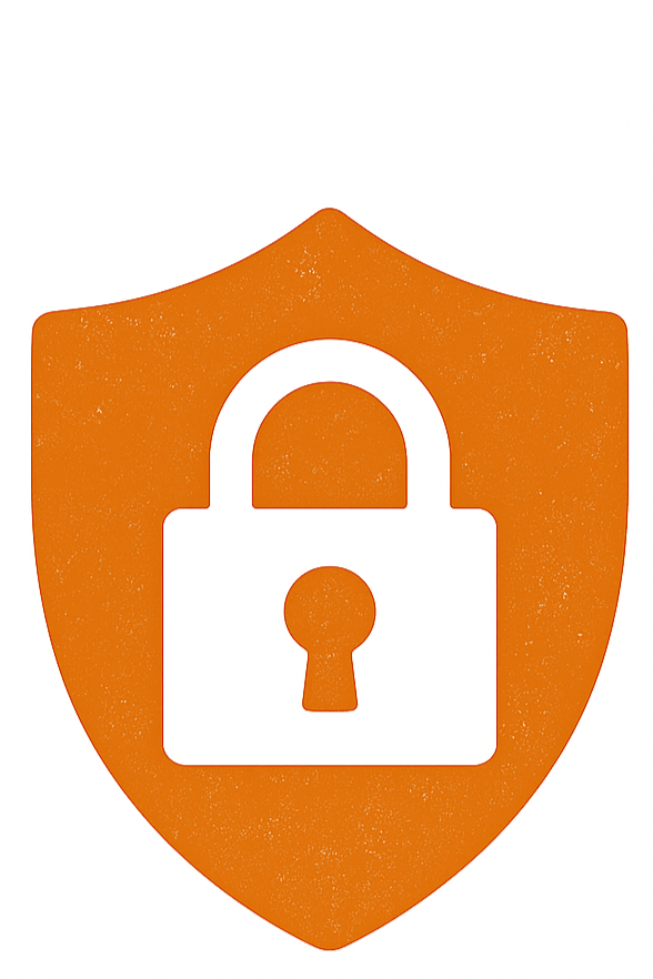 Orange shield with a white lock symbol in the center.