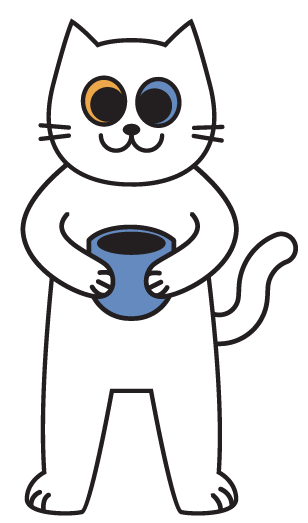 A cartoon white cat holding a coffee cup.