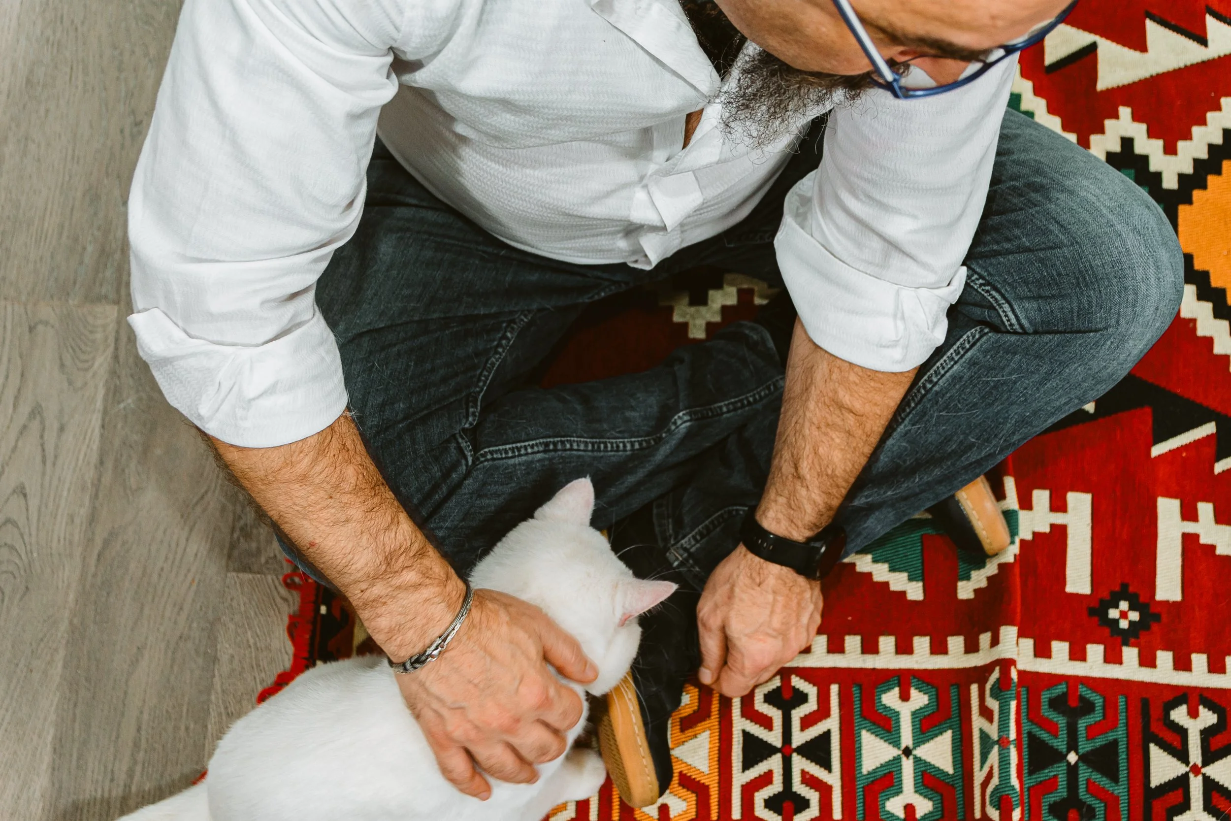 A man sitting on a colorful, patterned area rug with a white cat on his lap, gently petting it.