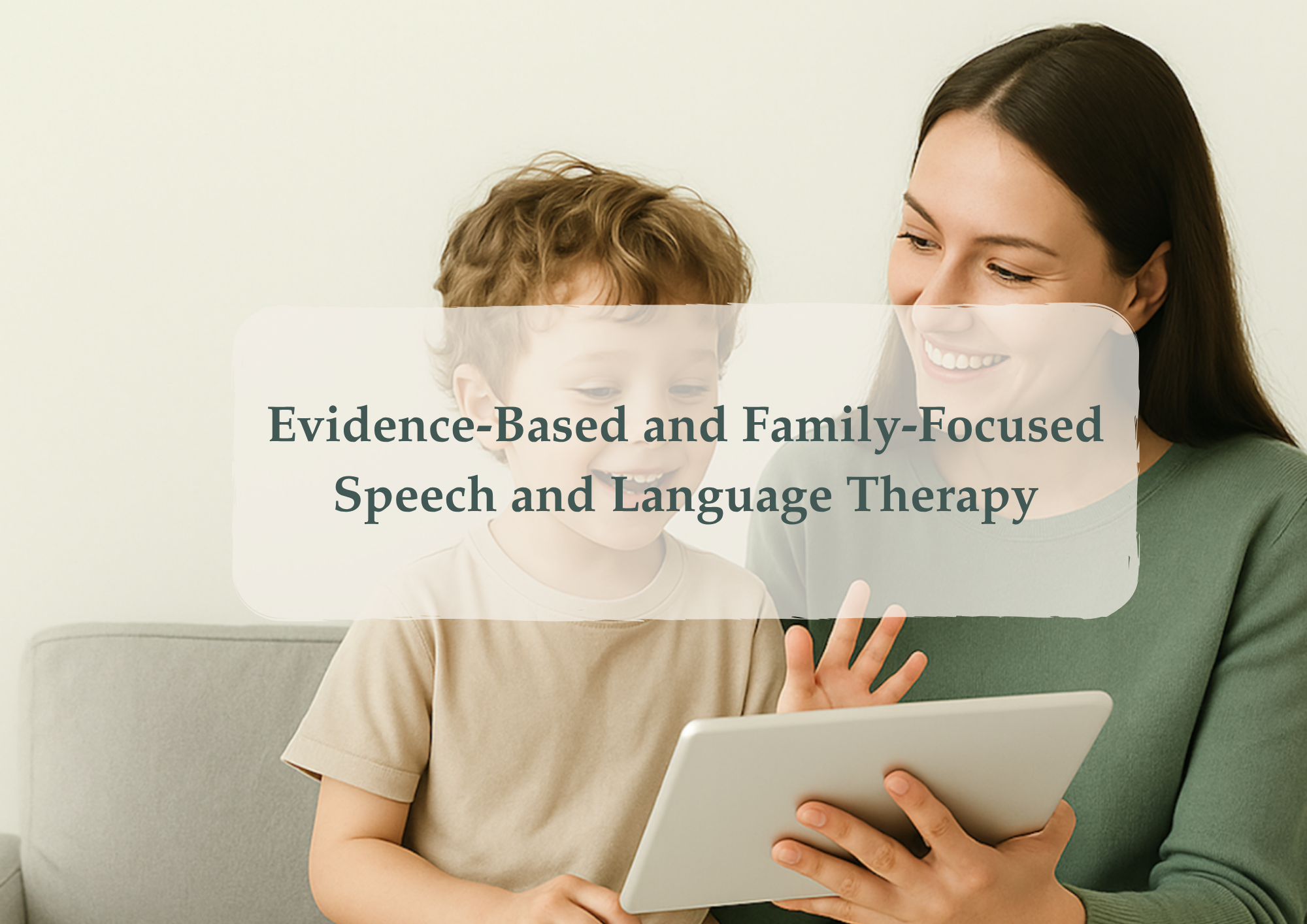 A young boy and an adult woman looking at a tablet together, smiling, in a casual setting.