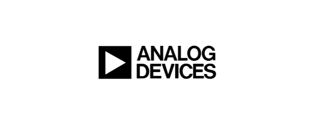 Analog Devices logo: black background with white geometric shapes, including triangles and circles, arranged in an abstract pattern.