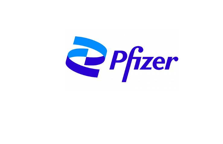 Pfizer logo in white text on a blue oval background.