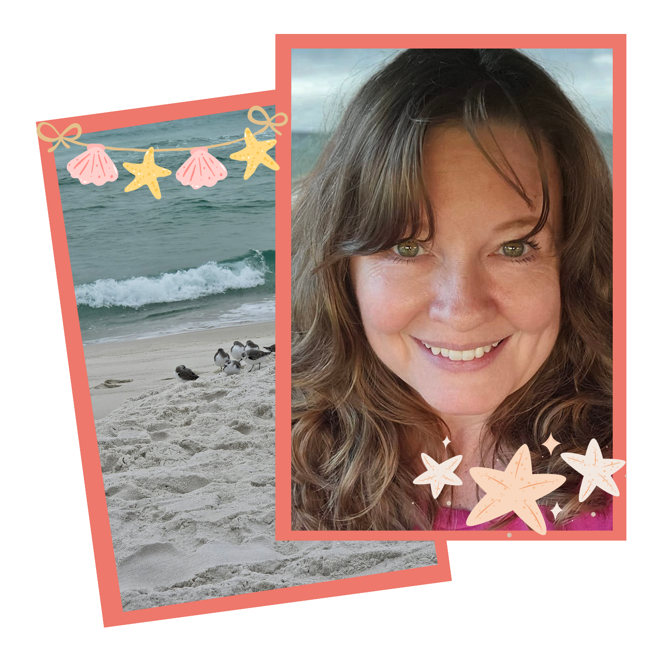 Collage of a Florida beach scene with sand, ocean waves, and seagulls, and a smiling woman with wavy brown hair and green eyes, with starfish and shell decorations. This is Nikki Martin, a speech-language pathologist and stuttering specialist.