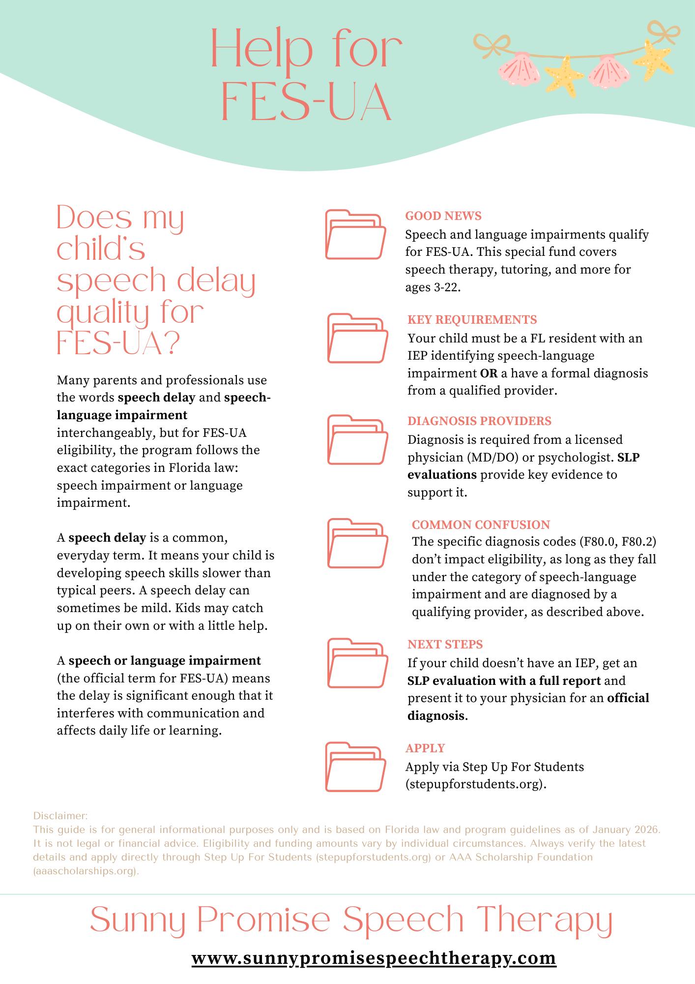 Free parent guide explaining how children in Florida with speech delays can qualify for FES-UA and receive online speech therapy for stuttering.