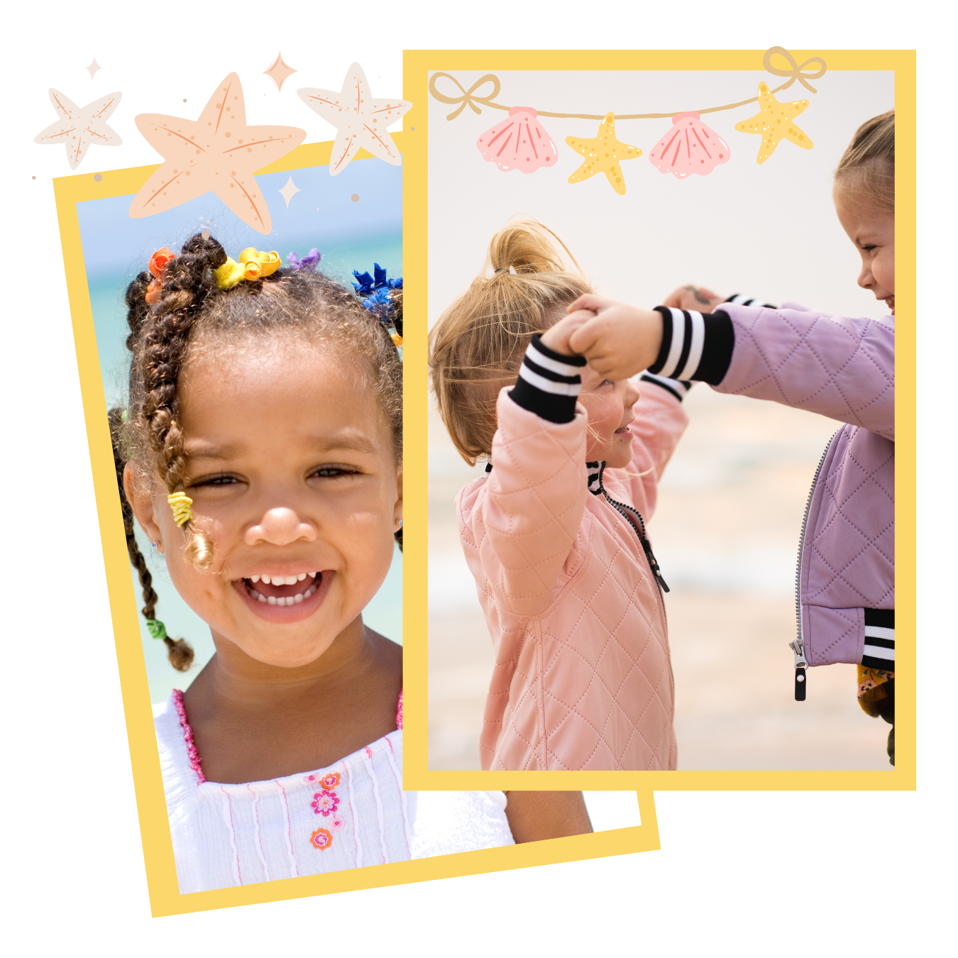 Two photos of young girls at the beach holding hands and smiling, with decorative starfish and shell banners overlayed on a yellow background. They are expressing themselves in a free, easy way and with confidence, as children who stutter.