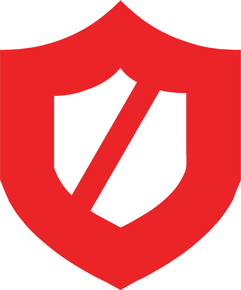 A logo featuring a red shield with a white inner shield and a red diagonal line running across it.