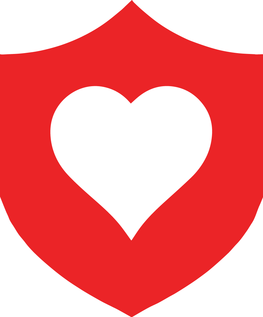 A red shield with a white heart in the center.