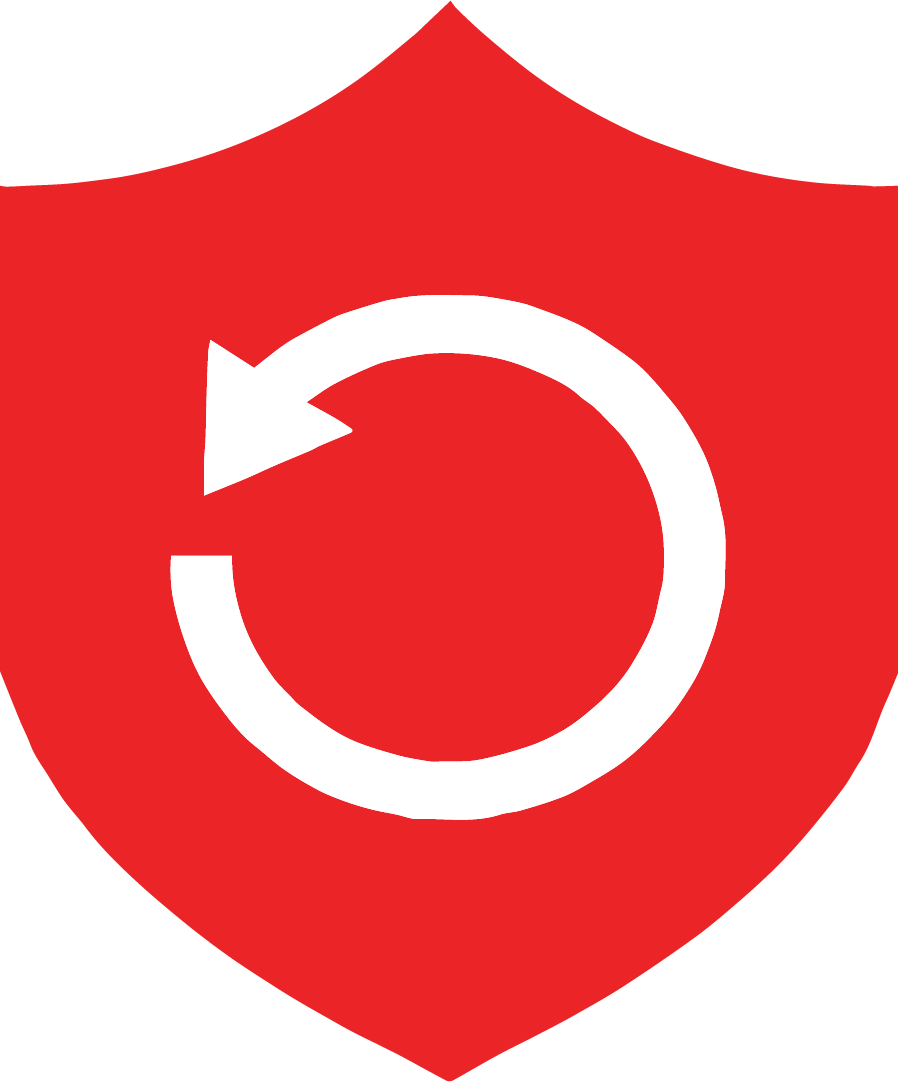 Red shield with a white circular arrow symbol in the center.