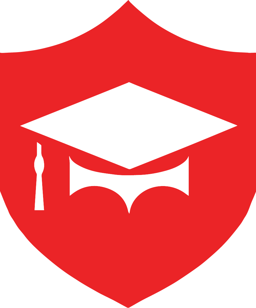 A red shield emblem featuring a white graduation cap and tassel, symbolizing education or academic achievement.