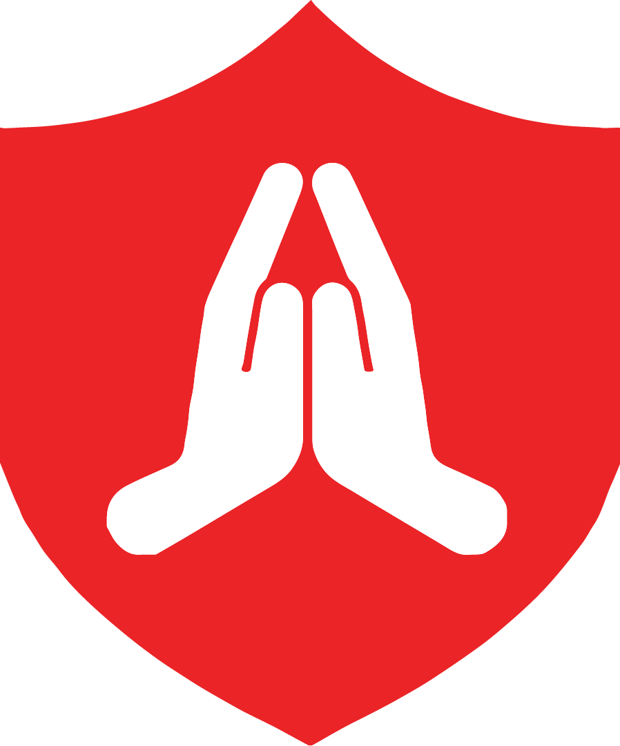 A logo with two white praying hands on a red shield-shaped background.