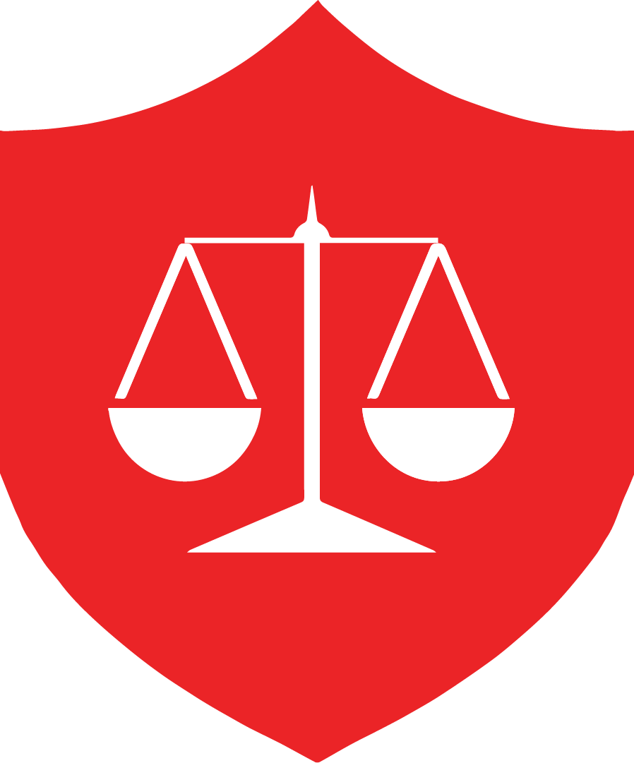 Red shield with white scales of justice in the center.