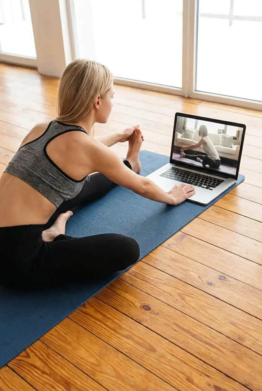 Frau sitzt auf Yogamatte und macht Online Yogakurs gratis Krankenkassenerstattung