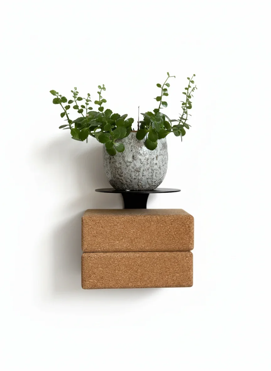 PropsBase für Yogazubehoer Korkbloecke und Deko vor weißem Hintergrund