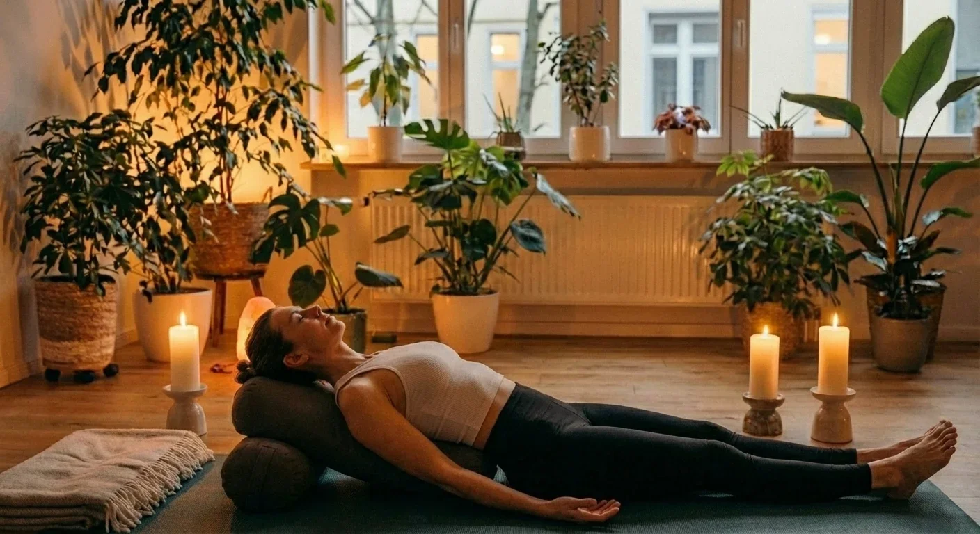 Yin Yoga Frau in Fisch Asana auf Bolster in Yogaraum mit Kerzen