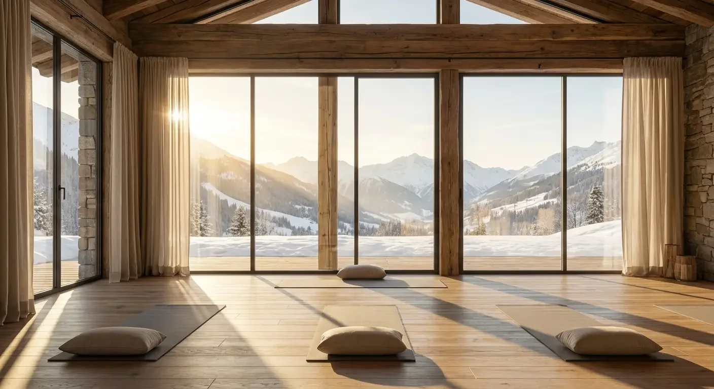 Yogaraum im Abendlicht Alpen mit Bergblick