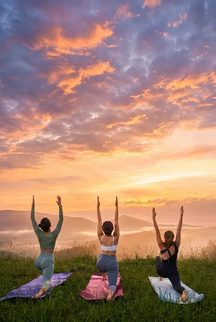 Frauen machen Yoga auf Bergspitze und schauen ins Tal