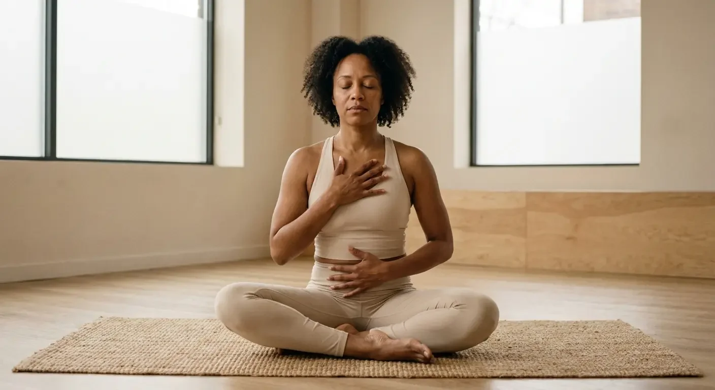 Frau sitzt im Schneidersitz und macht Yoga & Breathwork