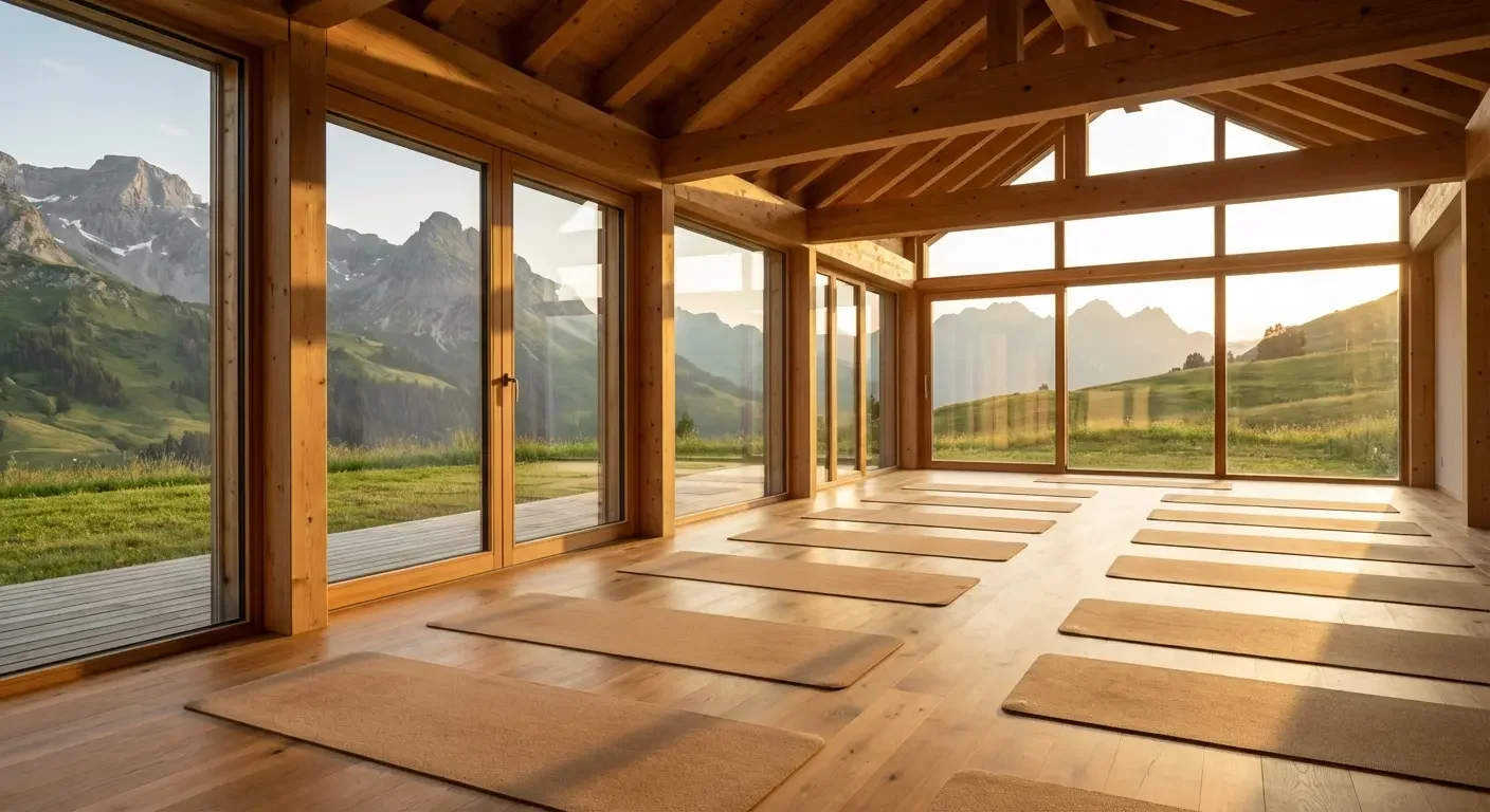 Yogaraum in Abendsonne im Yoga Hotel