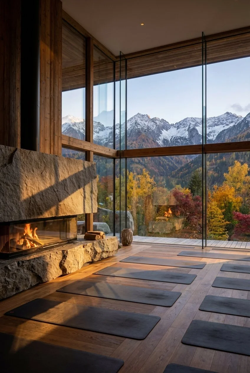 Yogaraum mit Kamin und Ausblick in die Alpen. Yogahotel