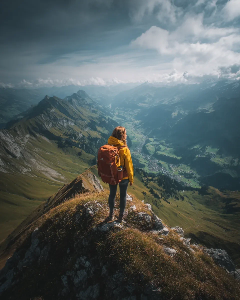 Frau steht auf Berggipfel und schaut ins Tal