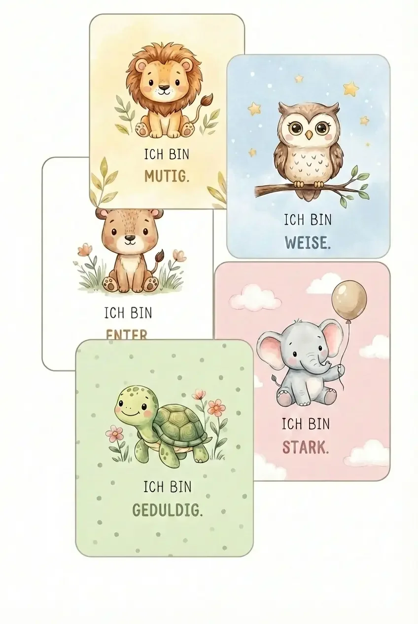 Kinder Affirmationskarten in bunten, niedlichen Tiervariationen